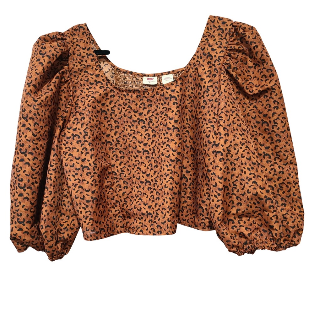 Levis Womens XL Leopard Print Puff Sleeve‎ Crop Top Square Neck Smocked Brown
